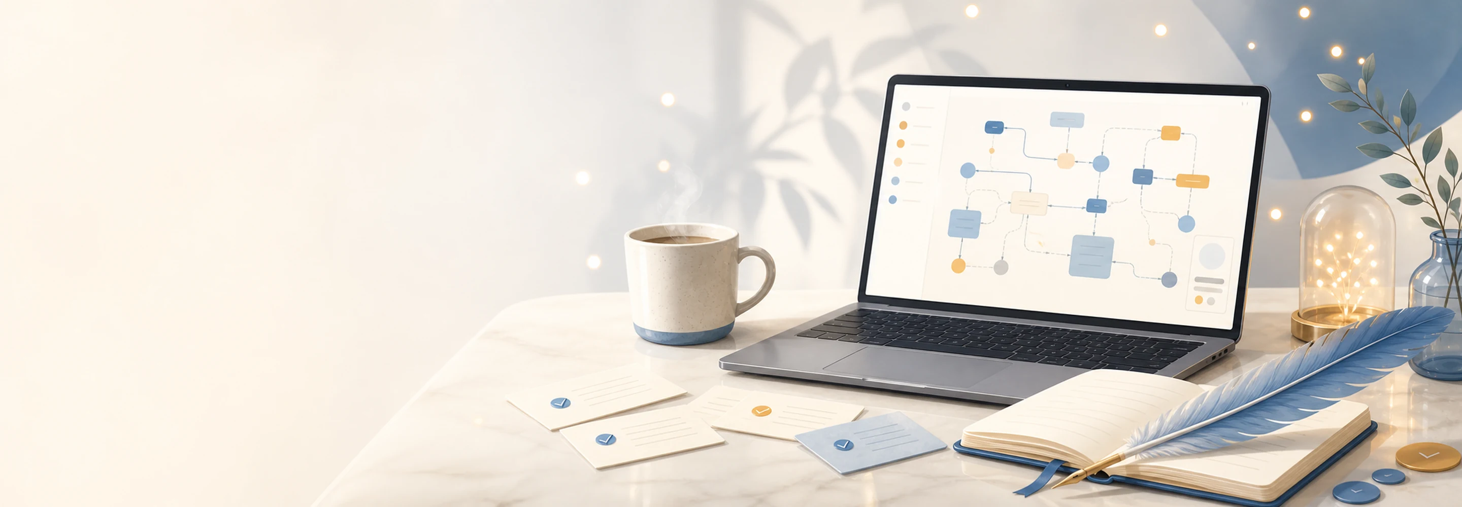 A clean workspace with a laptop showing an abstract AI workflow canvas, connected notes, and a feather motif.